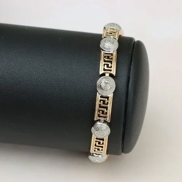 "Greek Key Rose Gold Bracelet with Silver Disc Accents, XPBL0792 - Picture 10 of 12